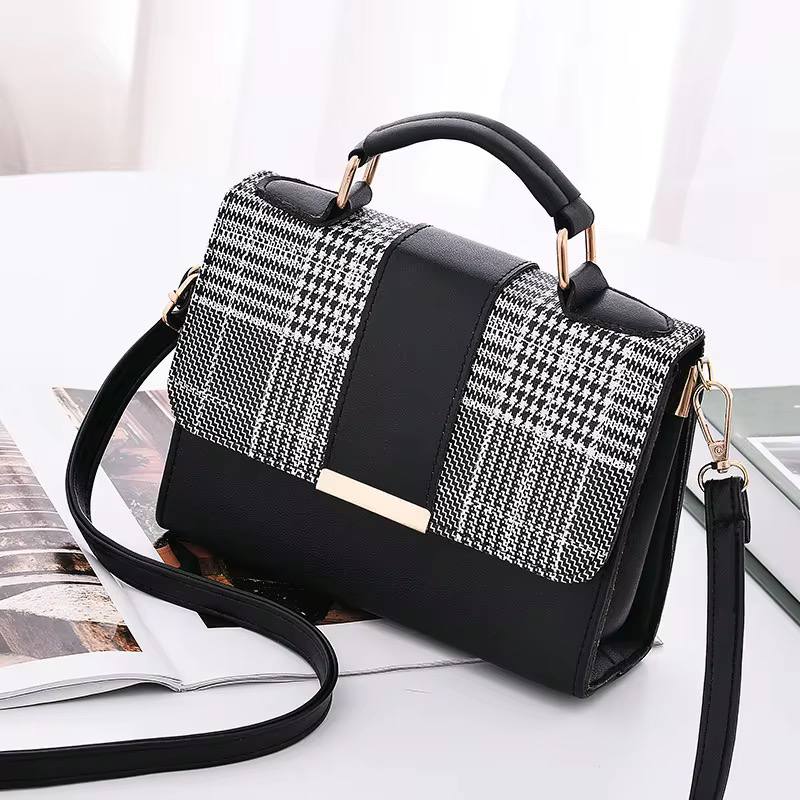 Tas Jinjing Selempang Kotak Wanita Motif Houndstooth Aksen Logam Emas